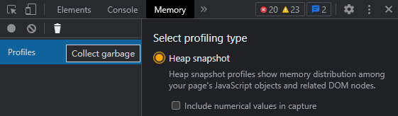 DevTools > Memory > collect garbage icon